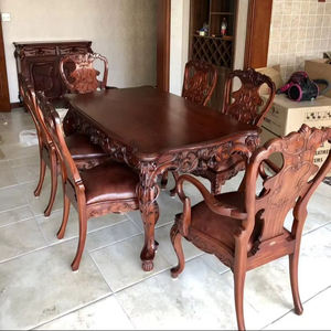 Luxury Handcrafted Solid Wood 6 Seater Dining <b>Table</b> Set Ornate Floral Carving Premium <b>Walnut</b> Finish - Product Image 1