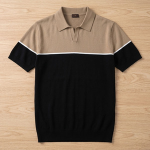 Pull en maille décontracté pour homme, à manches courtes, respirant, en polyester/coton 180g, col ouvert sans boutons - Product Image 1