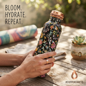 Botella de Agua de Cobre Hecha a Mano con Diseño Floral Kalamkari, Botella Metálica para Beber, Venta al Por Mayor, Exportación, Regalo para el Hogar y la Cocina, Proveedores - Product Image 2