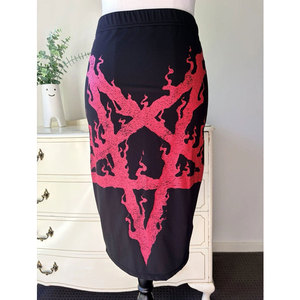 Gothic Women's Black Pencil Skirt Red Flaming Pentagram Graphic Print High <b>Elasticity</b> Midi Skirt Punk Rock Streetwear - Product Image 6