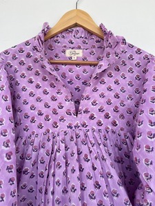 Vestido Maxi Morado Floral de Manga Larga para Mujer, Holgado, Ligero, de Verano, de Algodón Puro, con Fruncido, para Uso Diario - Product Image 3