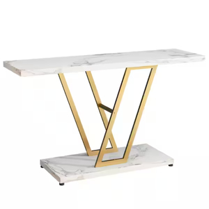 Table console de luxe moderne avec plateau en pierre frittée imitation marbre, cadre doré poli, base en acier inoxydable, à prix abordable - Product Image 1