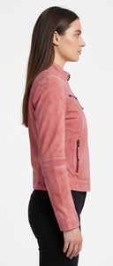 Wholesale Women Coral <b>Pink</b> <b>Tweed</b> Varsity <b>Jacket</b> Vintage Acid Wash Eco-Friendly Windproof Custom Stand Collar Multi Zip Outerwear - Product Image 5