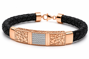 Bracelet manchette en or massif 18 carats Namivaa, cuir tressé noir, diamants, design géométrique de luxe, poli miroir, pour homme, cadeau de mariage ou de fête - Product Image 3