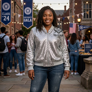 Heritage Masonic Regalia Women’s Silver <b>Sequin</b> Varsity Baseball <b>Jacket</b> Winter Casual Loose Fit Zip Up Greek Apparel - Product Image 3