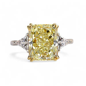 Radiant Cut Yellow Lab Diamond Engagement <b>Ring</b> Trillion Side Stones Two Tone Gold Luxury <b>Statement</b> <b>Ring</b> - Product Image 1