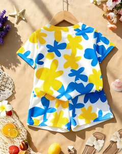 Girls Casual Breathable Medium Stretch High Quality Polyester/Cotton Clothing Set Short Sleeve Crew Neck Top Floral Shorts - Product Image 2