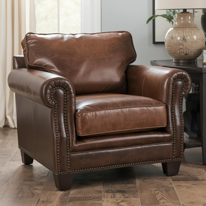 Genuine Leather <b>Armchair</b> Classic Rolled Arm Accent Chair with Nailhead Trim <b>Comfortable</b> Single Sofa for Living Room Bedroom - Product Image 1