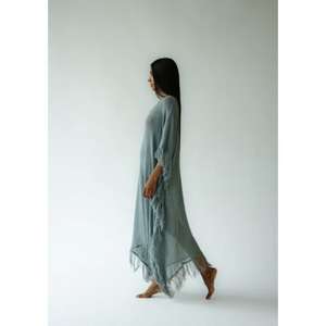 Vestido Maxi Kaftán Holgado para Mujer, Estilo Boho, Cuello en V, Sin Mangas, Largo hasta el Suelo, 100% Algodón con Borlas, Ideal para la Playa en Verano - Product Image 3