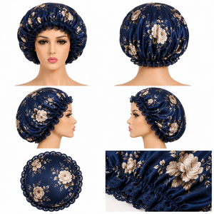 Bonnet de nuit en satin pour femmes, motif floral bleu, élastique réglable, bonnet pour cheveux, usage domestique, 54-56 cm, style européen - Product Image 5