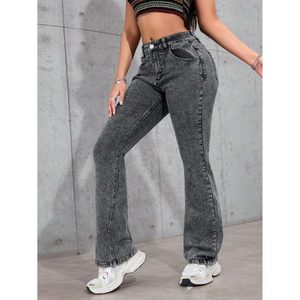 Vaqueros de mujer personalizados de cintura alta, elásticos, ajustados, acampanados, estilo bootcut, en gris, azul oscuro, rasgados, de mezclilla lavada, para verano y otoño. - Product Image 3