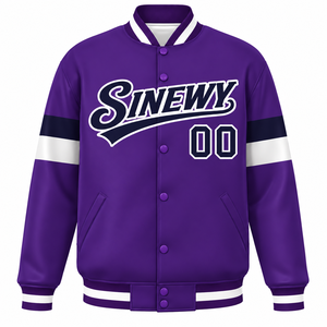 Custom Men's <b>Purple</b> <b>Varsity</b> <b>Jacket</b> With Name And Number Silk Screen Printed Front And Back Preppy Style Button Front Outerwear - Product Image 3