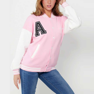 Pink White Varsity Jacket Letter A Embroidered Preppy Style Baseball Coat Regular Fit Turn-down Collar Casual College Jacket - Product Image 6