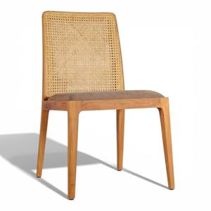 Chaise de jardin moderne en bois massif avec dossier en rotin naturel et assise rembourrée en tissu pour terrasse extérieure et utilisation en restaurant - Product Image 2