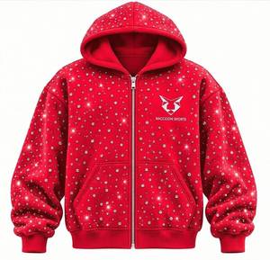 Sweat-shirt à capuche rouge avec fermeture éclair, décoré de perles, style streetwear, manches longues, avec poches avant - Product Image 1
