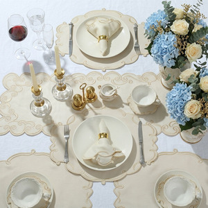 Custom Wholesale Luxury Washable Embroidery Border <b>Placemats</b> Napkins Sets Beige Linen Mats Home Wedding Events - Product Image 3
