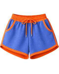 Ensemble décontracté deux pièces pour femme, comprenant un crop top à capuche zippé et un short, bicolore orange et bleu, en polyester et coton, vêtements de détente, vente en gros personnalisée - Product Image 5