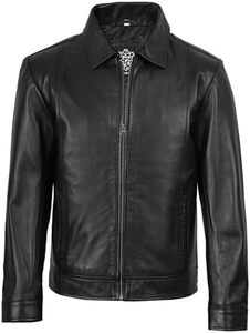Chaqueta de Motociclista de Cuero Vacuno para Hombre, Talla Grande, Cuello Camisero, Cierre de Cremallera, Corte Regular, para Otoño, Color Sólido - Product Image 1