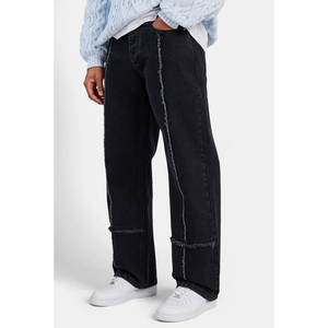 Jean en denim déchiré à jambe large pour homme, taille haute, coupe ample, couleur unie, style décontracté automne, en coton, effet délavé - Product Image 1