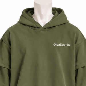 Sweat-shirt à capuche vert olive double couche, coupe oversize, manches superposées, épaules tombantes, épais, style streetwear décontracté - Product Image 3