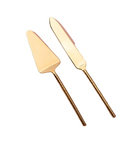 Cake Cutting <b>Knife</b> Serve Pastry Piece | Decorative Golden Serving Set | Pizza Slicer Dessert Gold with Mango Wood Handle - Product Image 1