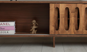 Mueble de TV con puerta corredera, estilo moderno, venta al por mayor de fábrica, consola de TV de madera de mediados de siglo con puerta corredera de corte ovalado - Product Image 6