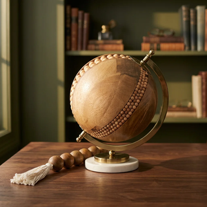 Globe terrestre en bois artisanal, style Art déco, avec support métallique antique/vintage, objet décoratif pour la maison, le bureau, le salon, la salle d'étude - Product Image 3