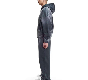 Survêtements personnalisés d'été respirants en molleton délavé à l'acide, coupe évasée, avec fermeture éclair, 360 GSM, ensemble de jogging à jambe droite, sweats à capuche et pantalons de survêtement effet usé - Product Image 3