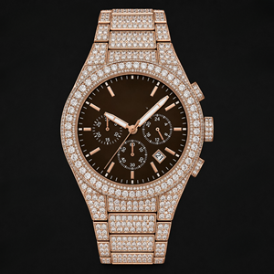 Rose Gold Crystal Chronograph <b>Watch</b> Brown Dial Date Display Luxury Sparkling Timepiece For Men Elegant Fashion Statement Gift - Product Image 1