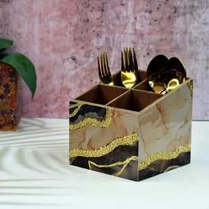 Dark Walnut Finish Wooden Cutlery Caddy with Half Moon Napkin Stand Multi Slot <b>Tabletop</b> Spoon Fork Holder Dining Organizer - Product Image 5