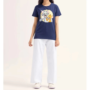 T-shirt personnalisé pour femme, bleu marine, imprimé Tom et Jerry, col rond, manches courtes, coupe classique, jersey décontracté, respirant, séchage rapide, été - Product Image 5