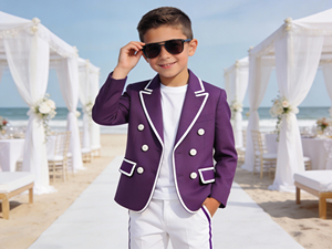 Costume de blazer double boutonnage violet pour garçons avec passepoil blanc |   Veste de cérémonie et de fête pour enfants - Product Image 2