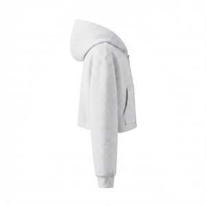 Women's Light Gray Hooded <b>Zip</b>-<b>Up</b> <b>Crop</b> Sweatshirt 100% Cotton Knitted Solid Color Winter Casual Wear Custom Logo Front Position - Product Image 3