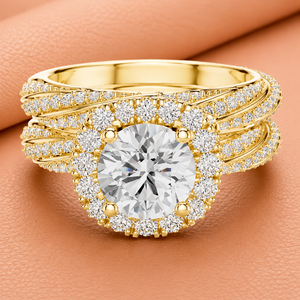 Bague de fiançailles de luxe avec halo de diamants ronds pour femme en or jaune, or blanc et or rose, bijoux de mariée - Product Image 2
