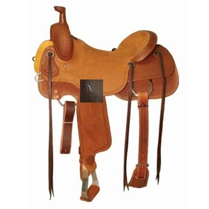Sillín de cuero marrón para carreras de barriles estilo western, con asiento rígido de cuero rugoso color canela, diseño de cesta ondulada grabado a mano y correas de latigo, de 10 a 18 pulgadas - Product Image 1