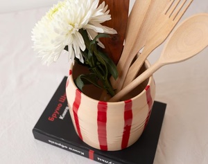 Hand Glazed Ceramic Utensil Holder <b>Red</b> Stripe Pattern Chip Resistant Finish Heat Safe Durable <b>Kitchen</b> Counter Storage Organizer - Product Image 3