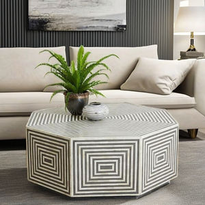 Mesa de centro con incrustaciones de hueso blanco lujosa hecha a mano, diseño minimalista elegante con patrón geométrico para sala de estar Fusion Artistry - Product Image 1