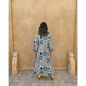 Robe longue maxi pour femme, bleue, imprimé patchwork, manches longues, style modeste, Kaftan Abaya ample, ethnique, bohème, vente en gros - Product Image 4