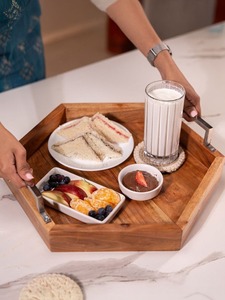 Plateau de service en bois pour thé et café avec poignées métalliques, forme hexagonale, plateau de service pour desserts et dattes, à vendre - Product Image 3