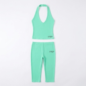Conjunto Deportivo de 2 Piezas para Mujer, Top Halter y Pantalones Largos, Color Sólido, Tejido de Punto, Spandex y Algodón, Transpirable, para Primavera/Verano - Product Image 5