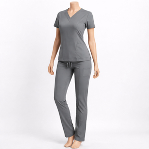 2026 Trendy Women Light Blue <b>Scrub</b> Set V-Neck Top Pants Medical <b>Uniform</b> Hospital Wear Cotton Polyester Woven Fabric - Product Image 3