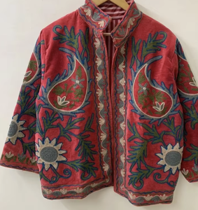 <b>Women</b> Velvet Suzani Jacket Embroidered Floral Regular <b>Coat</b> Vintage Oriental Style Autumn/Winter Casual Wear Cotton Filled - Product Image 2