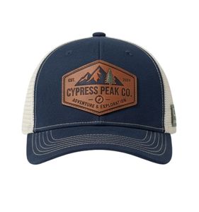 Breathable <b>Navy</b> Mesh Trucker <b>Hat</b> with Leather Patch Logo Adjustable Unisex Casual 6-Panel Cap for Outdoor Travel and Daily Wear - Product Image 1