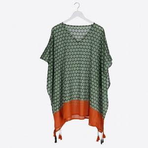 Vestido Kaftán Mini de Playa Bohemio Tejido de Algodón Estampado Ecológico con Cuello en V, Borlas y Diseño Asimétrico Transpirable - Fabricante - Product Image 1