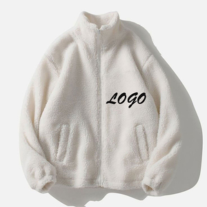 Unisex White <b>Fleece</b> <b>Jacket</b> <b>With</b> Zipper Stand Collar Loose Fit Winter Casual Wear Thick Sherpa <b>Lining</b> Pockets Front Logo - Product Image 1