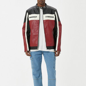 Men's Color Blocking PU Leather Moto Jacket Stand Collar Zipper Closure Regular Fit Autumn Wear Biker <b>Coat</b> - Product Image 3