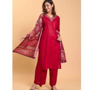 Ensemble Kurti et Palazzo en Rayonne pour Femme, Manches Trois Quarts, Doublure en Coton, Col en V, Dupatta à Imprimé Placé, Tailles S-3XL - Product Image 1
