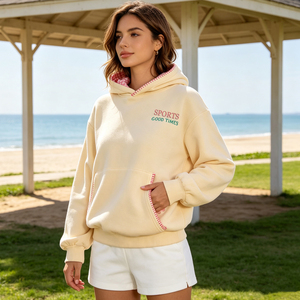 Sweat-shirt à capuche surdimensionné pour femme, couleur crème, en coton tricoté, manches longues, avec poches et imprimé lettres, pour le printemps - Product Image 1