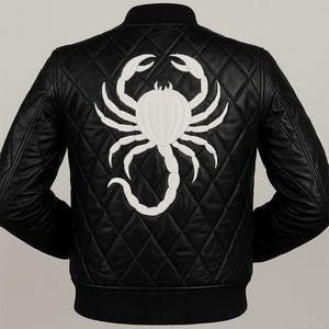 Black PU Leather Scorpion <b>Coat</b> Men's Quilted Gothic Winter Jacket with Stand Collar and Front Logo Handmade - Product Image 4