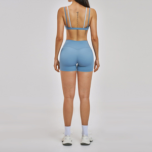 Seamless Yoga Set Deep V Neck Racerback Sports Bra High Waist Shorts Print Blue 2 Piece Workout Outfit Spandex Removable Padding - Product Image 5